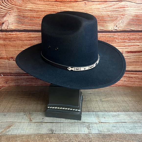 Western Cowboy Tall crown Faux Black Short Brim Felt Hat Tejana Copa Alta Vaquer - Picture 3 of 10